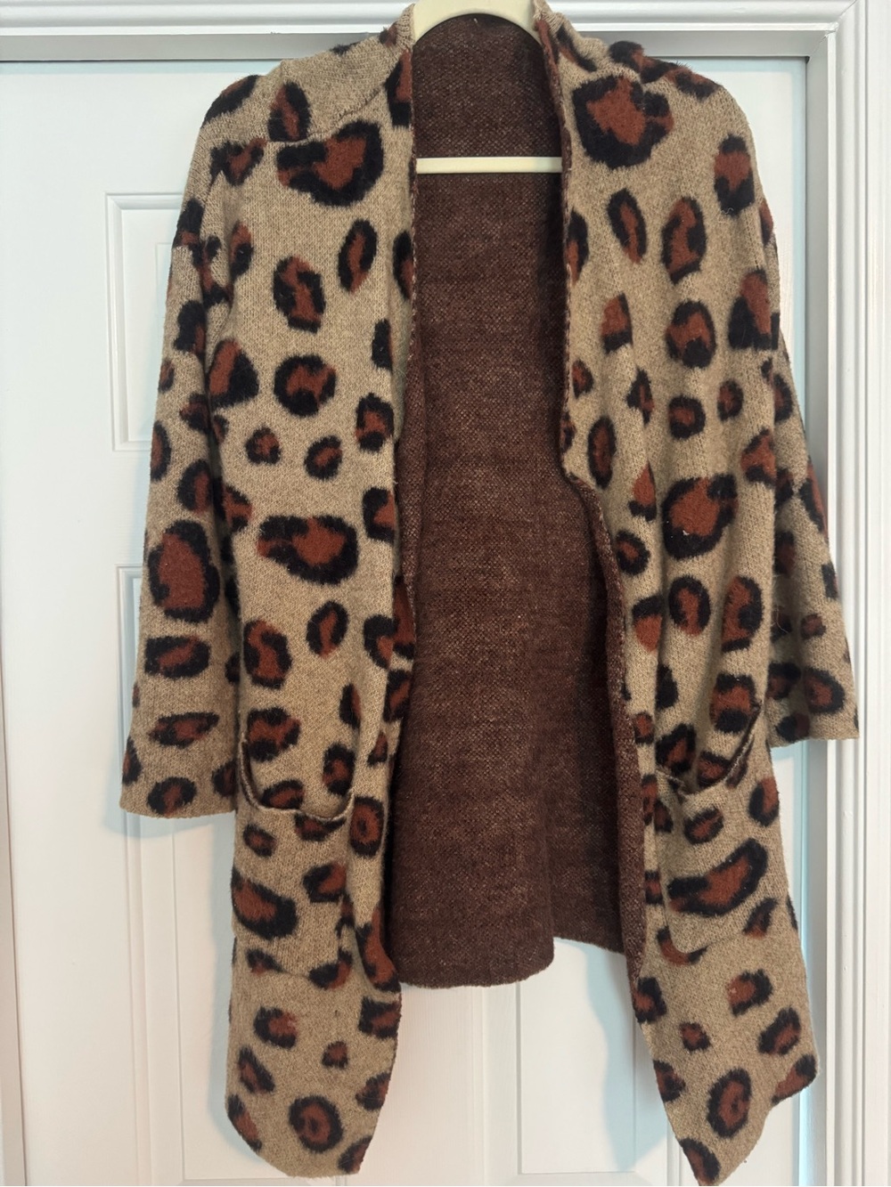 SM Leopard Print Open-Front Cozy Cardigan Sweater - Tan & Brown